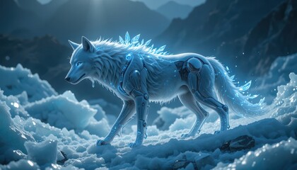 Fototapeta premium Majestic Cybernetic Wolf Roams Frozen Landscape Digital Art Futuristic Animal Fantasy Winter Scene