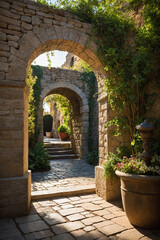 Obraz premium stone archway leading to a hidden sunlit courtyard with a trickling fountain, peaceful and secluded