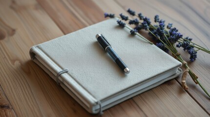 Still life with journal, pen and lavender bouquet on a wooden background for relaxation and journaling.