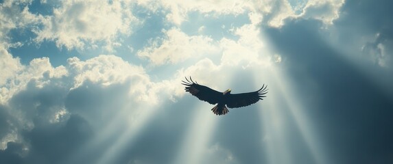 Majestic Eagle Gliding Through a Cloudy Sky with Sun Rays Illuminating Its Wings in a Stunning Nature Scene