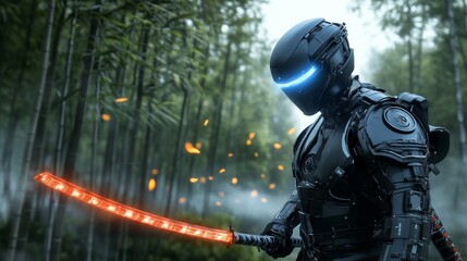 Fototapeta premium Futuristic samurai warrior enchanted bamboo forest digital art immersive environment low angle high-tech meets tradition