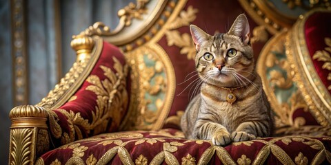 Fototapeta premium Elegant feline royalty sits on plush velvet cushion adorned with intricate golden embroidery, velvet, elegant, velvet,elegant