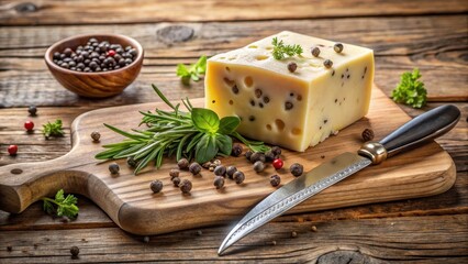 Aged Swiss cheese block with black peppercorns and herbs arranged artfully on a wooden cutting board , cutlery, cheese