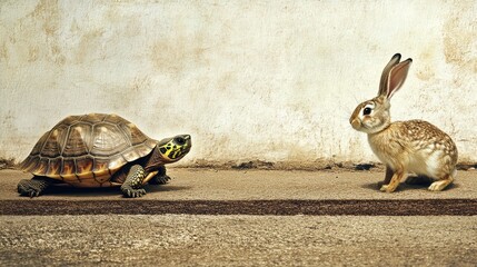 A slow but steady turtle crawling towards the finish line while a tired rabbit watches from the side.