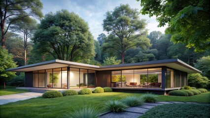 A sleek midcentury modern dwelling with expansive windows and a minimalist flat roof, nestled among mature trees and lush greenery, nature, minimalist design