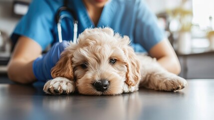 A small, fluffy puppy is calmly lying on a vet table while a veterinarian examines it with a stethoscope under bright clinical lights.