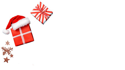 Cozy Christmas gifts wrapped in red boxes with bows and ribbons along with winter holiday such as stars and snowflakes providing copy space for text overlay