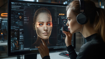Woman using ai facial recognition software on computer screen with headset in technology office setting