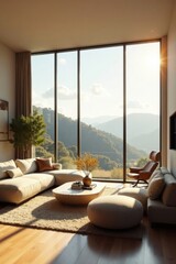 Serene Mountain View Living Room with Modern Furniture and Warm Natural Light