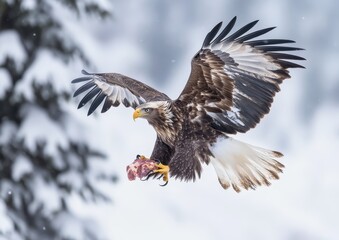 Majestic Eagle in Flight Capturing Prey with Graceful Wings Over Snowy Landscape Surrounded by Soft White Flurries and Evergreen Trees