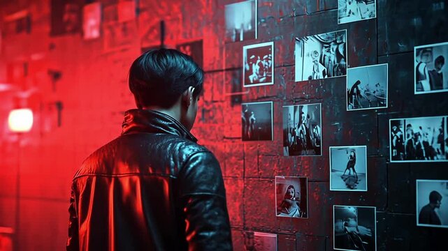 male investigator, murder investigations, man on red background