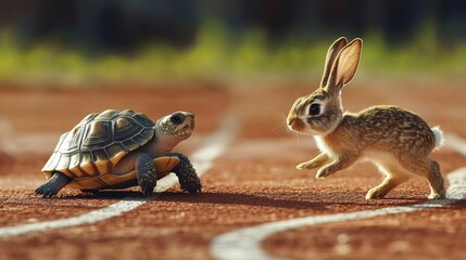 A symbolic race: a turtle and a rabbit on a winding track, representing perseverance and patience.