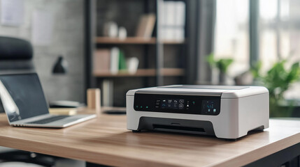 A modern printer with an advanced display placed on a wooden desk next to a laptop in a contemporary office environment, symbolizing productivity and digital workspaces.