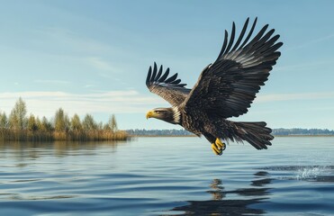 Fototapeta premium Majestic Eagle in Flight Over Tranquil Lake with Lush Vegetation and Clear Blue Sky, Capturing the Essence of Nature's Beauty and Wildlife Serenity