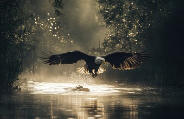 Majestic Eagle in Flight Over Misty Water at Dawn, Capturing the Essence of Wildlife Beauty and Natural Habitats in a Serene Landscape Scene