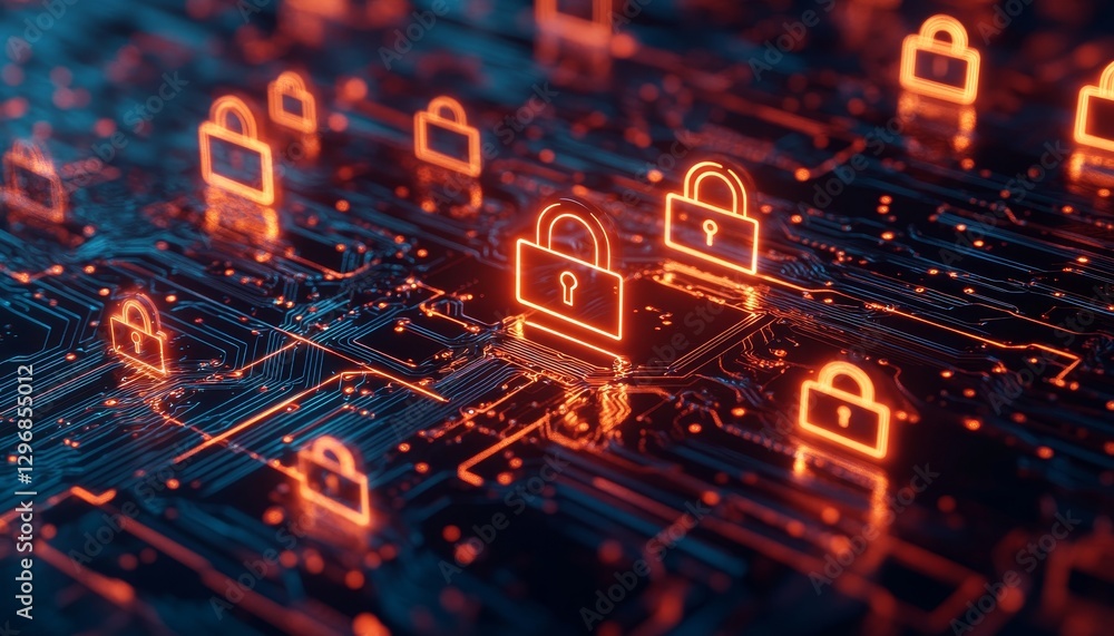 Poster digital background with glowing padlock icons on circuit board for cybersecurity and data protection