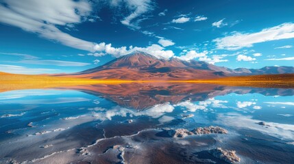 Naklejka premium Stunning Reflection of Majestic Mountain in Serene Landscape Under Clear Blue Sky