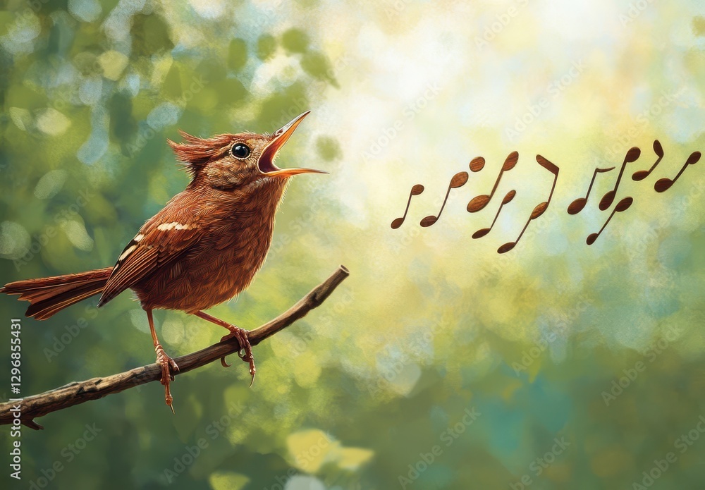 Poster brown bird singing joyfully on a branch surrounded by lush greenery with musical notes floating thro
