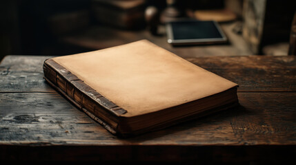Old book on a wooden table.