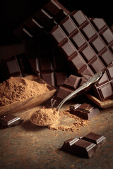 Broken bitter chocolate bar and cocoa powder.