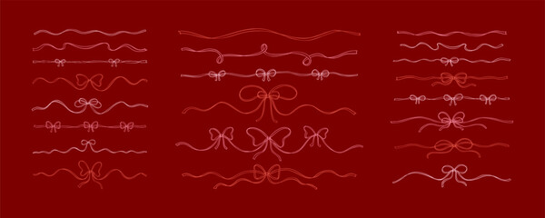 Set of luxury hand drawn bow ribbon text dividers, tape separators and underlines. Fancy sketchy vintage flourish design elements. Filigree wavy pink whimsical background