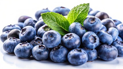 Fototapeta premium Fresh blueberries on a white background with a shallow depth of field emphasizing their juicy texture and vibrant color