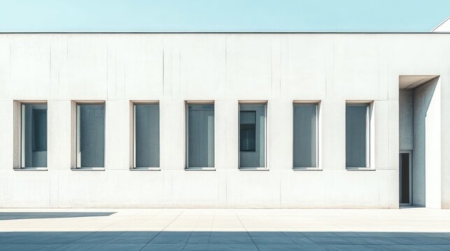 Rectangular windows and a doorway appear on white facade under a blue sky