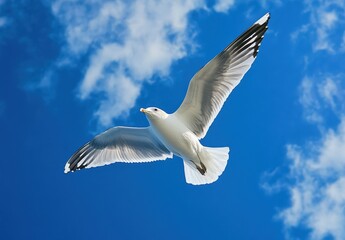 Obraz premium Captivating Flight of a Seagull Against a Clear Blue Sky with Fluffy White Clouds and Bright Sunlight Illuminating Its Feathers