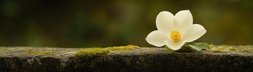Fototapeta premium A delicate white magnolia flower with golden stamens rests on a moss-covered stone, set against a soft, blurred green background for a serene atmosphere. 