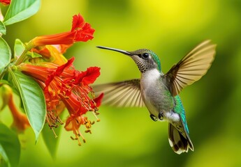 Fototapeta premium Captivating Hummingbird in Flight Near Vibrant Red Flower with Soft Green Background in Nature's Splendor