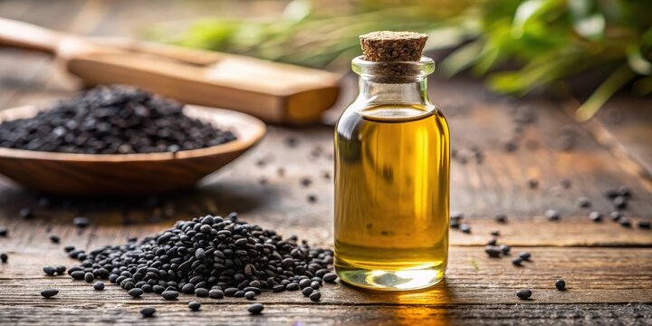 Close-up of black cumin oil bottle on table with selective focus