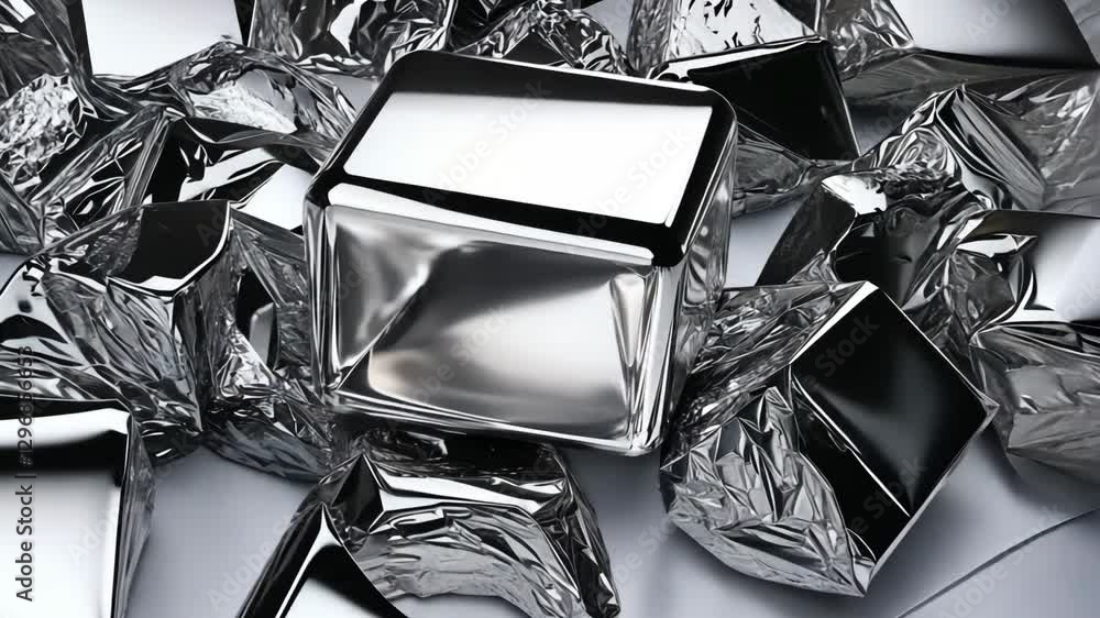 Poster shiny metallic cubes and crumpled foil create an abstract composition with reflections and textures 