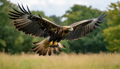 Fototapeta premium Majestic Eagle Soaring Above a Lush Green Field with Outstretched Wings and Sharp Gaze Highlighting Nature's Power and Grace in Perfect Harmony