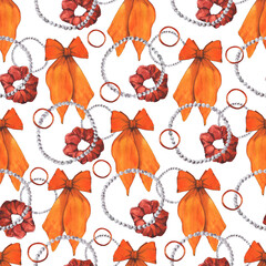 Watercolor illustrations of hairpins and hair items. Hand-drawn seamless pattern of isolated clip art on a white background. Bright and stylish pictures of realistic hairpins and hair care devices for