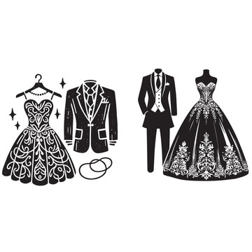 Wedding dress of the bride and groom set vector illustration.