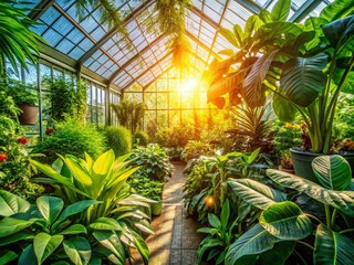 Sunlit Greenhouse Interior: Lush Plants Thriving in Diffused Light