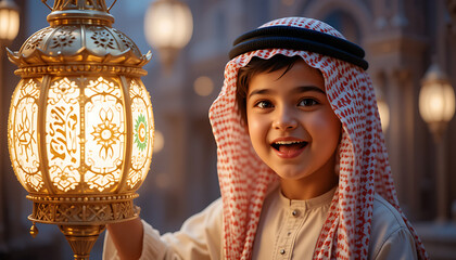 Saudi boy child with Ramadan Lantern with burning candle with cute smile , exuberant smile, surrounded by intricate patterns HD and 4k image
