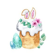 Watercolor set of easter eggs and spring flowers. Design for invitations, cards, stickers, postcards, textils. Holiday decor. Hand painted illustration.