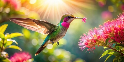 Obraz premium Iridescent feathers glisten in sunlight as hummingbird pauses mid-air