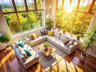 Sunlit Living Room: White Sofa, Large Window, Aerial View