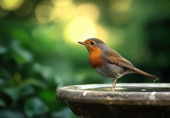 Charming European Robin perched gracefully on a stone birdbath amidst serene green foliage, capturing the essence of nature's tranquility and beauty
