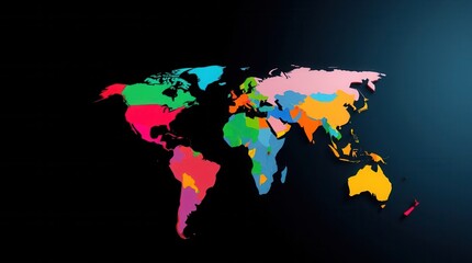 Colorful world map against dark background. Continents in varied hues. Global visualization. Geography art.