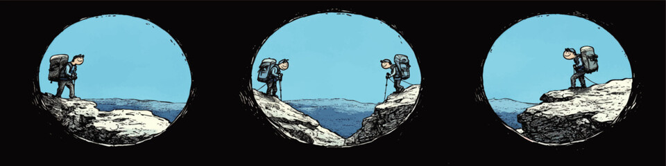 Explore Adventure Cartoon Vector Art: Hiker on Mountain Trail with Scenic Landscape, Backpacking Gear, and Trekking Poles Beneath a Clear Blue Sky