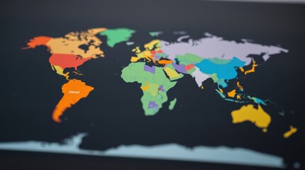 Obraz premium Colorful world map illustration showing different continents and countries on a black background.