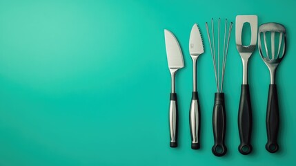 High-quality gardening tools set with stainless steel pruners and rake on a bright teal background.