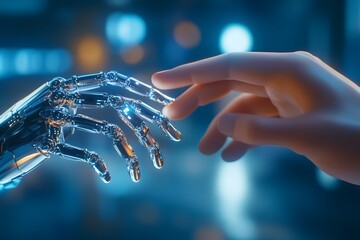 Artificial intelligence and a human hand touching each other, a digital technology concept with a robot arm on a blur background