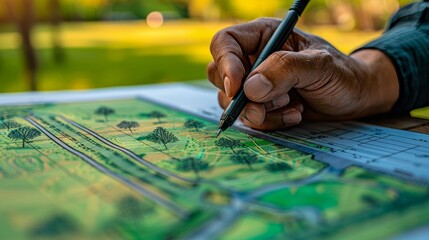 Naklejka premium Creative hand drawn garden design featuring trees, pathways, and vibrant green spaces.