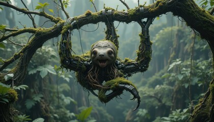 Obraz premium Happy Robotic Sloth Hanging in Lush Rainforest Tree Mossy Branches Digital Art