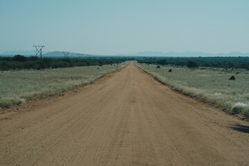 Gravel road in Namibia, lots of termite mounds along the sides of the road, mountains ahead
