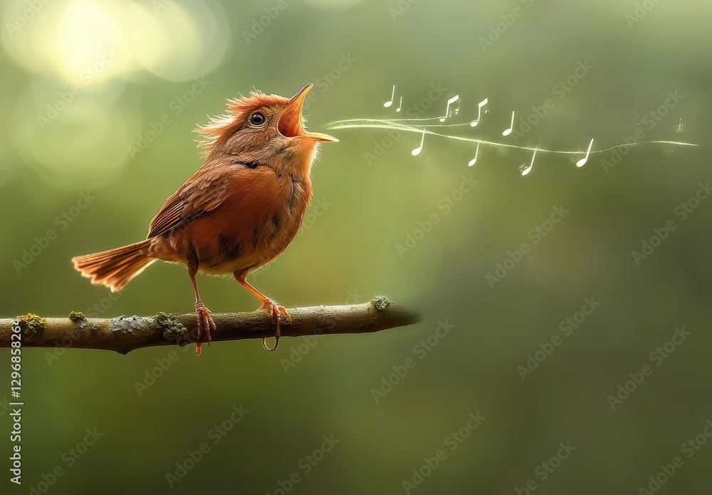 Poster charming small bird singing with musical notes floating in the air perched on a branch in a serene n